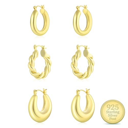 3Pairs 14K Gold Plated Chunky Hoop Earrings Set for Women, Trendy Hoop Earring 925 Sterling Silver Post - Hypoallergenic Thick Lightweight Twisted Hoops Dainty Gold Earrings for Women Jewelry Gifts - color: Gold