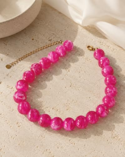 Colorful Chunky Beaded Necklaces for Women Trendy Large Bead Statement Necklace Boho Resin Bead Choker Summer Beach Jewelry Gifts Accessories - color: Rose Red 1