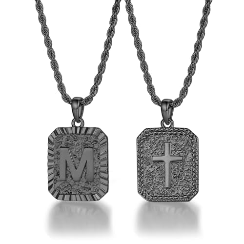 ASUWISH Gold Initial Necklaces for Men and Women, 18K Gold Plated Letter A-Z Cross Pendant with Adjustable Rope Chain, Letter Necklace for Women and Men - color: M, style: Black