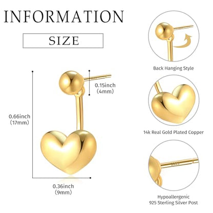Simple Cute Small Heart Drop Dangle Earrings for Women | 925 Sterling Silver Post, 14K Gold or Silver Plated, Mini Ball Stud Ear Jacket Earrings, Hypoallergenic Heart Earrings - color: Gold