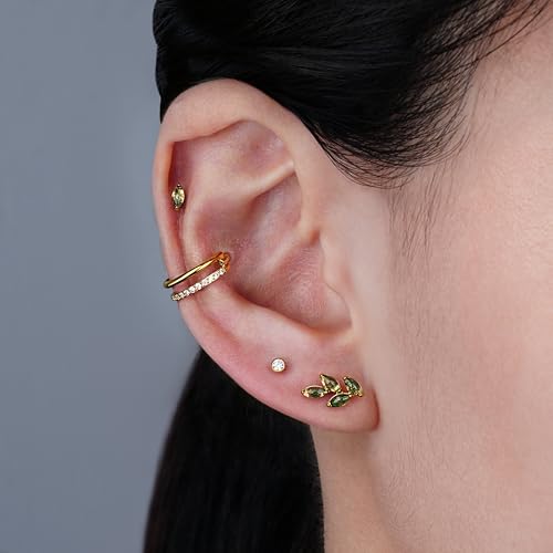 1PC ASTM F136 Titanium Piercing Jewelry for Tragus Conch Helix Flat Labret 18G 6mm 8mm, Cartilage Earring Flatback Stud - color: Moss Agate Marquise - Gold