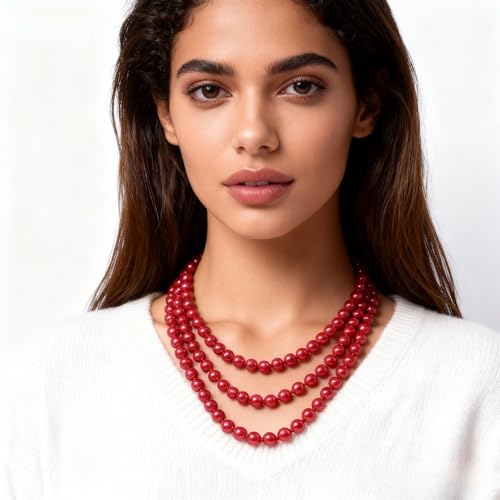 Pearl Necklaces for Women 60'' 70" Long Pearl Necklace 15.75'' Pearl Choker Necklace Chunky Bead Layered Faux Pearl Dangle Wedding Bridal 1920s Gatsby Christmas Costume Jewelry Gifts - color: Red-60''