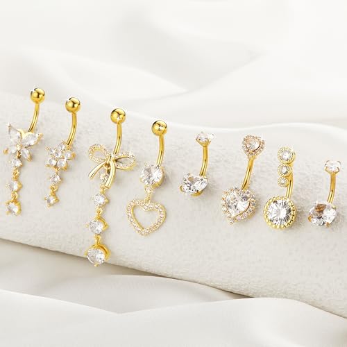 BSJ4U 8Pcs Gold Pink Silver Belly Button Ring Dangle Navel Belly Piercing Jewelry Cute CZ Butterfly Heart Flower Bow Navel Belly Rings for Women 14G Hypoallergenic Surgical Stainless Steel Dainty Dangling Dangly Belly Button Piercing Pack - color: Gold Be