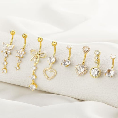 BSJ4U 8Pcs Gold Pink Silver Belly Button Ring Dangle Navel Belly Piercing Jewelry Cute CZ Butterfly Heart Flower Bow Navel Belly Rings for Women 14G Hypoallergenic Surgical Stainless Steel Dainty Dangling Dangly Belly Button Piercing Pack - color: Gold Be