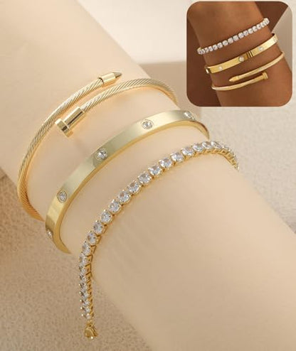 ZOERAY Silver Gold Bangle Bracelets for Women Non Tarnish 14k Gold Plated Stackable Cuff Bracelets for Women Trendy Cubic Zirconia Stainless Steel Chunky Bracelet Stack Set Waterproof Jewelry Gifts - color: B.Tennis-Gold