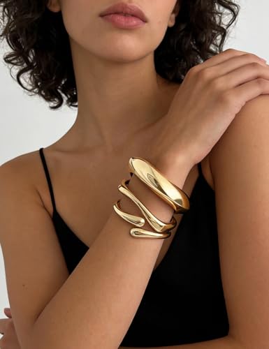 Chunky Gold Bangle Bracelets for Women, Dainty 14k Gold Plated Big Stackable Bangles Set, Trendy Statement Cuff Bracelet Stack Fashion Jewelry Gifts - style: A1-gold