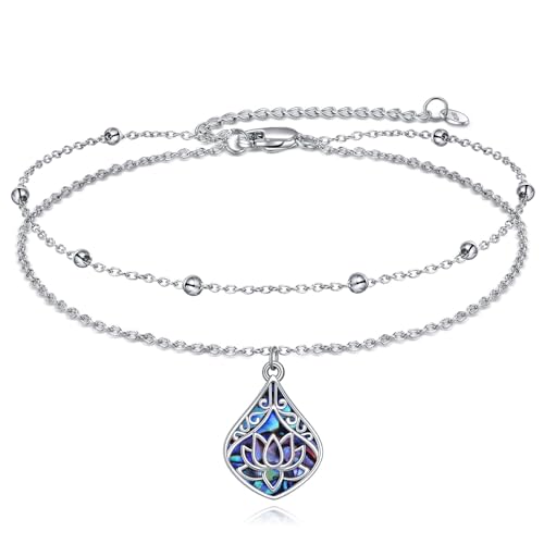 POPLYKE 925 Sterling Silver Double Layered Chain Evil Eye Daisy Sunflower Butterfly Anklets for Women Holiday Beach Crystal Ankle Bracelet Dainty Evil Eye Jewelry - style: Abalone Lotus Anklet