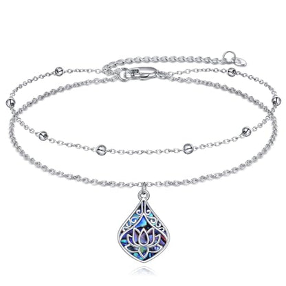POPLYKE 925 Sterling Silver Double Layered Chain Evil Eye Daisy Sunflower Butterfly Anklets for Women Holiday Beach Crystal Ankle Bracelet Dainty Evil Eye Jewelry - style: Abalone Lotus Anklet