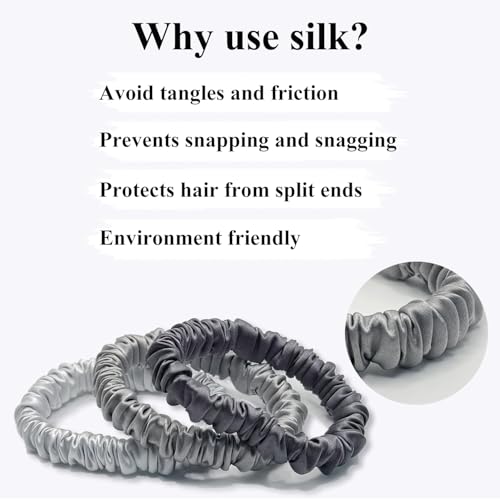 VLOMOT 3 Pcs Set 100% Pure Mulberry Silk Hair Scrunchies (Grey) | Silk Hair Ties for Thin Hair with 3 Chic Colors Everyday Skinny Scrunchies Silk Ponytail Holders Hair Care No Damage - color: Grey