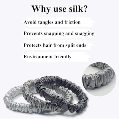 VLOMOT 3 Pcs Set 100% Pure Mulberry Silk Hair Scrunchies (Grey) | Silk Hair Ties for Thin Hair with 3 Chic Colors Everyday Skinny Scrunchies Silk Ponytail Holders Hair Care No Damage - color: Grey
