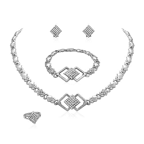 SYHOL Gold Jewelry Sets for Women 18K Gold/Silver Filled Jewelry Necklace Set Wedding Bridal Fashion Jewelry Sets Women Accessories Bracelets Earrings and Rings Sweetheart Gifts - color: X0030-Silver