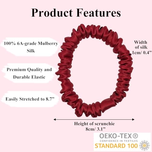 VLOMOT 3 Pcs Set 100% Pure Mulberry Silk Hair Scrunchies (Red) | Silk Hair Ties for Thin Hair with 3 Chic Colors Everyday Skinny Scrunchies Silk Ponytail Holders Hair Care No Damage - color: Red