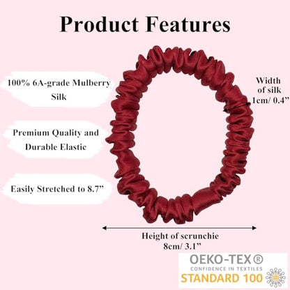 VLOMOT 3 Pcs Set 100% Pure Mulberry Silk Hair Scrunchies (Red) | Silk Hair Ties for Thin Hair with 3 Chic Colors Everyday Skinny Scrunchies Silk Ponytail Holders Hair Care No Damage - color: Red