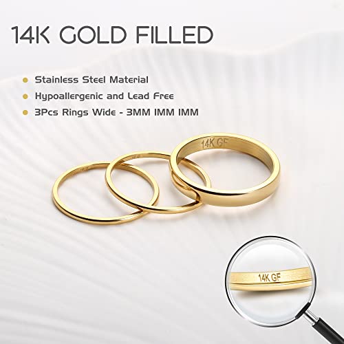 Jstyle 14K Gold Stacking Rings for Women Non Tarnish Wedding Band Ring Set | Waterproof Band Ring, 1mm 1mm 3mm Thin Pinky Thumb Ring Set, Statement Stackable Rings for Women, Gold Filled Jwelry