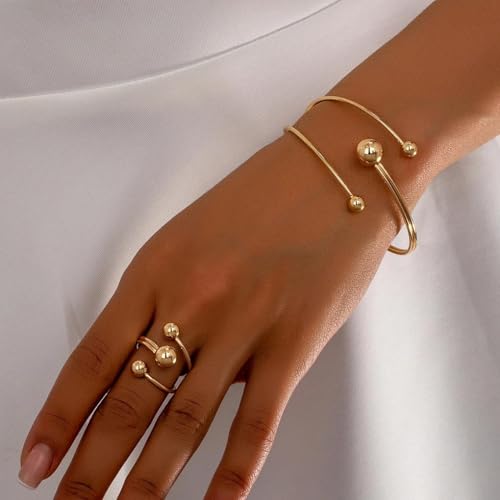 Rrdaily Layered Gold Plated Sphere Spiral Bangle Rings Set for Women,Open Twisted Geometric Wrist Cuff Bracelets Punk Party Accessories Trendy Jewelry Present