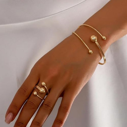 Rrdaily Layered Gold Plated Sphere Spiral Bangle Rings Set for Women,Open Twisted Geometric Wrist Cuff Bracelets Punk Party Accessories Trendy Jewelry Present
