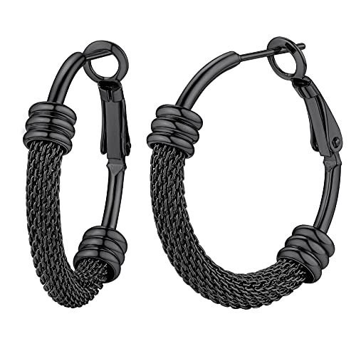 ChainsHouse 30/40/60/80mm Hoop Earrings for Women,Chunky Earrings in 18K Gold Plated/Silver/Black,Minimalist Jewelry Round Tube Hoops Fits Sensitive Ears|Hypoallergenic&Waterproof,with Gift Box - color: C:black-mesh tube, size: 30MM