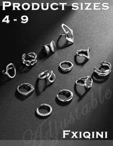 Fxiqini 12Pcs Gold Stackable Rings 18K Gold Plated Chunky Knuckle Finger Ring Geometric Bead Cloud Wave Flower Hollow Statement Bands Signet Open Rings for Women Adjustable Size 4-9 - color: B-Sliver