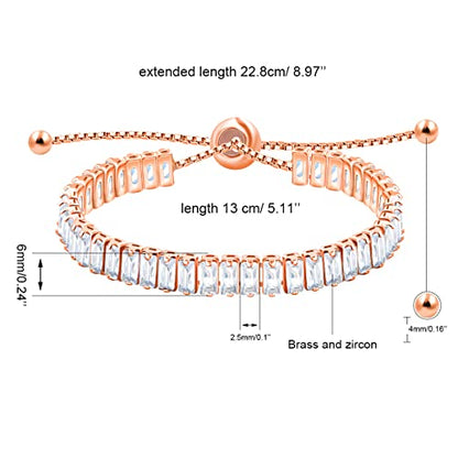 Uloveido Classic Emerald Cut Rectangular Cubic Zirconia Eternity Tennis Bracelet Adjustable for Women Y1788 - color: Rose Gold-white