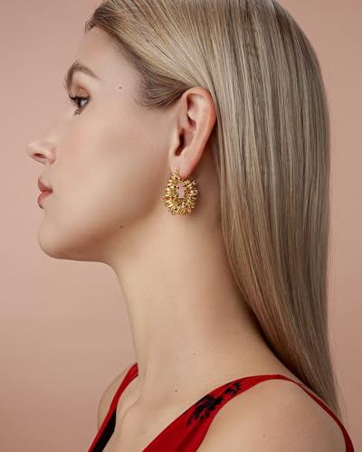 18K Gold Plated Chunky Curve Twisted Open Hoop Statement Stud Earrings with CZ for Women by SNGIA, Large Handmade Spiral Texture Braided Formal Trendy Hoop Jewelry Gifts, Big Circle Geometric Shell Beachy Vacation Fashion Hanging Earrings Accessories, Vin