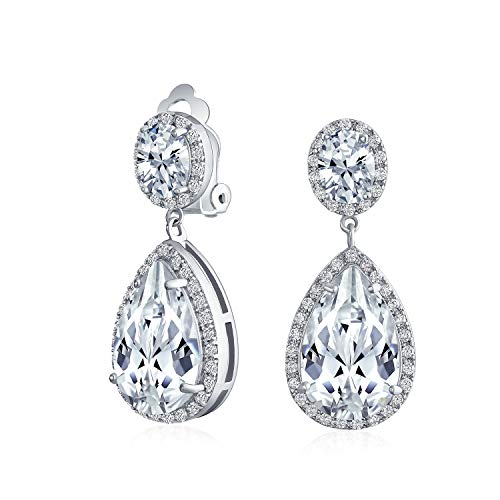 Bling Jewelry Large Teardrop Cubic Zirconia Pave CZ Halo Statement Dangle Clip On Earrings For Women Gold Silver Plated Brass - color: Silver