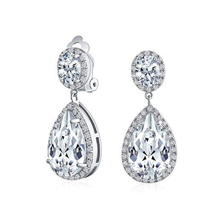 Bling Jewelry Large Teardrop Cubic Zirconia Pave CZ Halo Statement Dangle Clip On Earrings For Women Gold Silver Plated Brass - color: Silver