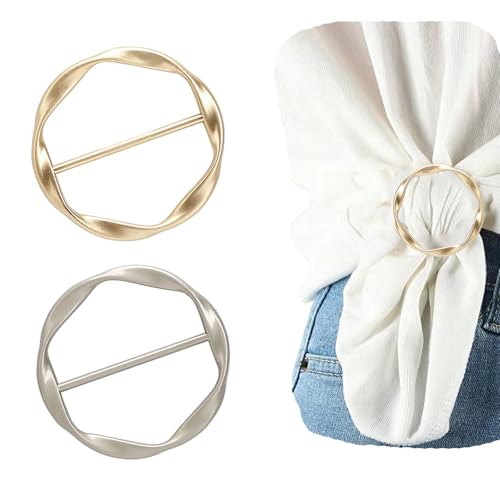 DHATMYC 2PCS Silk Scarf Ring Clip for Women T-shirt Tie Clips Clothing Ring Wrap Holder Fashion Round Circle Clip Belt Buckle (Gold+Silver)