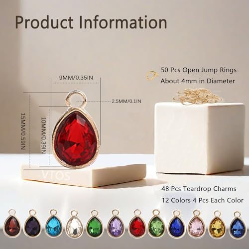 Glass Rhinestone Charms, 48 Pcs 12 Colors Birthstone Beads Crystal Dangle Pendants for Jewelry Making Earrings Necklace Bracelet - color: Gold