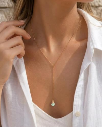 Lariat Necklace for Women Dainty Gold Long Crystal Drop Y-Shaped Necklace | 14k Gold Plated Crystal Drop Necklace Trendy Non Tarnish Simple Gold Jewelry For Wedding, Prom, Daily - color: Peridot