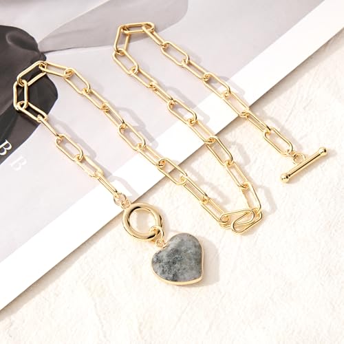 14K Gold Plated Two Sides Carved Stone Heart Shape Necklace for Women Love Pendant Necklace Jewelry for Daily and Gifts - color: Labradorite