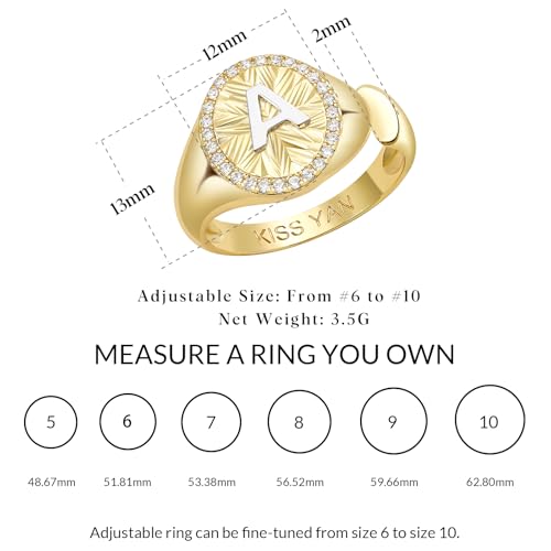 KissYan 14K Gold Plated Initial Ring for Women | Adjustable CZ Halo Letter Signet Ring, Personalized Monogram Statement Jewelry Gift, Tarnish Resistant - style: Letter M