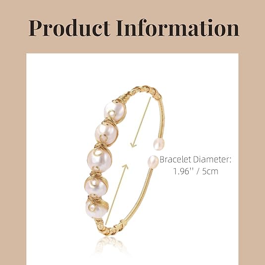 Pearls Bracelets for Women, Natural Freshwater Pearls Bracelets Jewelry Bangle, Lucky Jewelry for Mom Lover Her Diameter 1.96 ins Adjustable (14K Gold Plated)