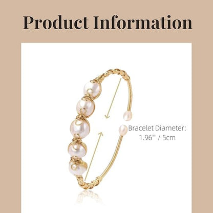 Pearls Bracelets for Women, Natural Freshwater Pearls Bracelets Jewelry Bangle, Lucky Jewelry for Mom Lover Her Diameter 1.96 ins Adjustable (14K Gold Plated)