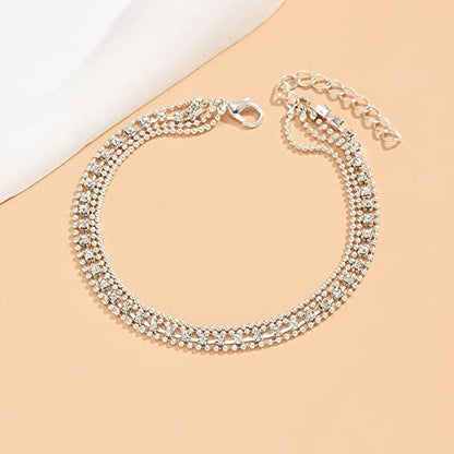 Fesciory Heart Rhinestone Ankle Bracelets for Women, Adjustable Silver Plated Shiny Tennis Anklets, Twinkle Cubic Zircon Imitation Diamond Anklet Foot Chain Jewelry Gifts - color: 3 Layer Rhinestone