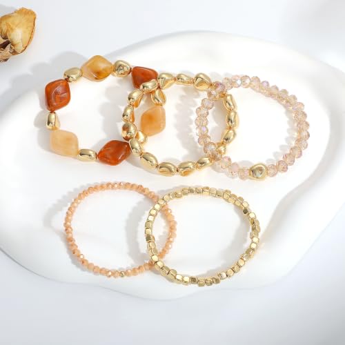 GOOJIDS Multilayer Colorful Gold Beaded Stackable Bracelets For Women Set Bohemia Heart Charm Strand Bracelets Friendship Elastic Wristbands Summer Beach Boho Vacation Jewelry - color: D-Brown Beads Set