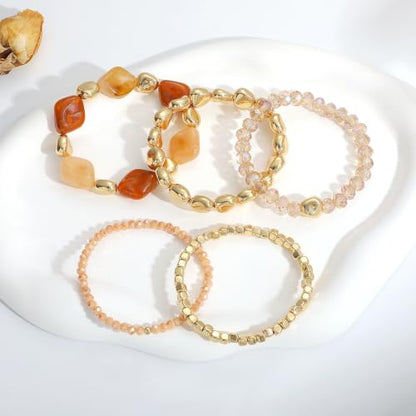 GOOJIDS Multilayer Colorful Gold Beaded Stackable Bracelets For Women Set Bohemia Heart Charm Strand Bracelets Friendship Elastic Wristbands Summer Beach Boho Vacation Jewelry - color: D-Brown Beads Set
