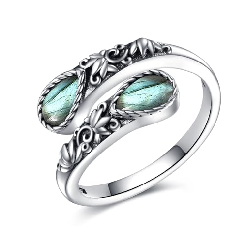 Ring for Women Sterling Silver Adjustable Band Open Rings Jewelry Gifts for Girls - style: Lotus-Labradorite