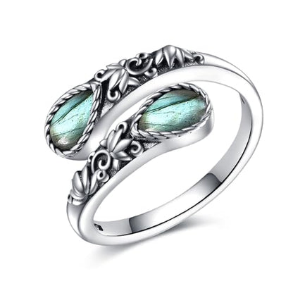 Ring for Women Sterling Silver Adjustable Band Open Rings Jewelry Gifts for Girls - style: Lotus-Labradorite