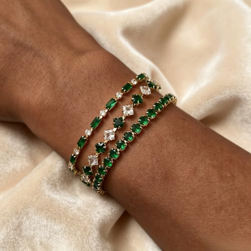 3Pcs Women Stackable 14K Gold Plated Tennis Bracelet with Colorful CZ | Dainty Classic Everyday Jewelry 14K Gold Plated Colorful Cubic Zirconia Tennis Bracelet Created Diamond for Wedding 7 inches - color: gold green