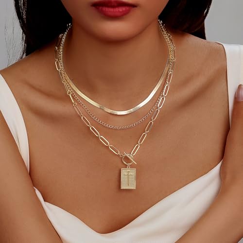 Evabelle Gold Layered Necklace for Women Trendy Jewelry 14K Real Gold Plated Chunky Chain Stackable Necklaces Dainty Choker Necklaces Rectangle Square Pendant - color: Gold Necklace 23