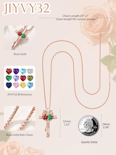 Rose Gold Cross Necklace with 2 Birthstones and Rose | Cross with Birthstone Necklace, Hypoallergenic, Adjustable Rolo Chain, Birthday Gifts, Catholic Christian Religious Jewelry - color: 01-05-Jan-May Birthstone