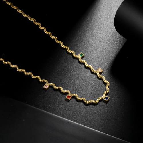 Hipunk Women Gold Plated Stainless Steel Wave Rope Chain Collar Necklace with Colorful Zirconia Flower Heart Charms Choker, Adjustable 16+2 Inch - color: square