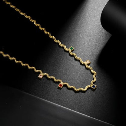 Hipunk Women Gold Plated Stainless Steel Wave Rope Chain Collar Necklace with Colorful Zirconia Flower Heart Charms Choker, Adjustable 16+2 Inch - color: square