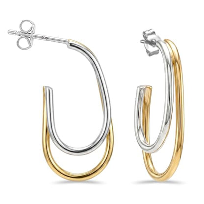 LeCalla Real 925 Sterling Silver C Hoop Earrings | Lightweight Small Hoops Italian Half Earring Hoops for Women - color: Two-Tone Oval Hoops-25mm