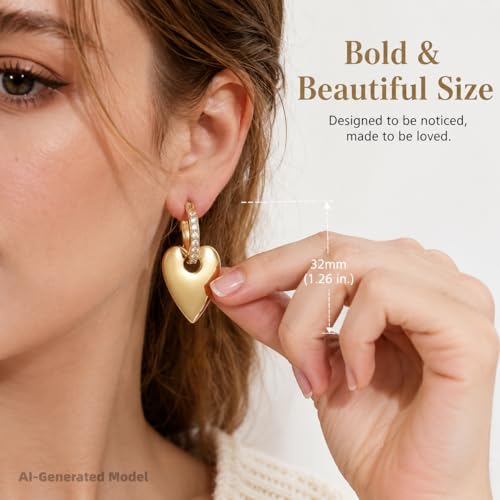14K Gold Plated Heart Drop Earrings - 2-in-1 Detachable Huggie Hoops with CZ - Hypoallergenic Dangle Jewelry Gift for Women