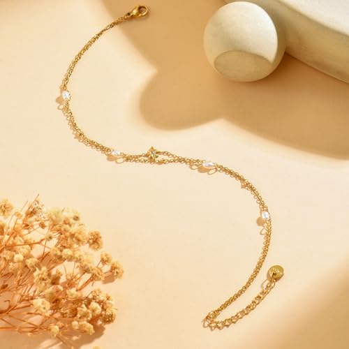 NONAMOIS Ankle Bracelets for Women Dainty 18K Gold Plated Anklet Waterproof Round Beaded Paperclip Herringbone Pearl Chain Anklets Waterproof Beach Foot Jewelry - color: 2Layered Pearl Star-Gold