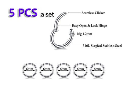 5Pcs 16G 18G Surgical Steel Nose Rings Hoop Tragus Septum Cartilage Hoop Earrings For Women Men Body Piercing Jewelry Kit Bar Length 6mm/8mm/10mm/12mm/14mm - style: 5Pcs -16G - Steel - 6mm