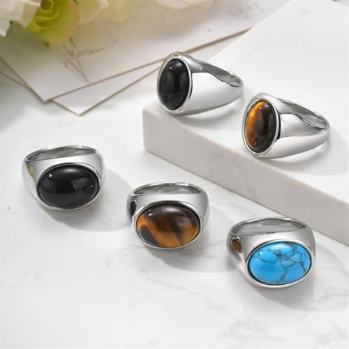 HIJONES Unisex Stainless Steel Oval Agate Gemstone Inlaid Silver Plated Signet Ring Solid Glossy Wedding Band - color: Black Stone