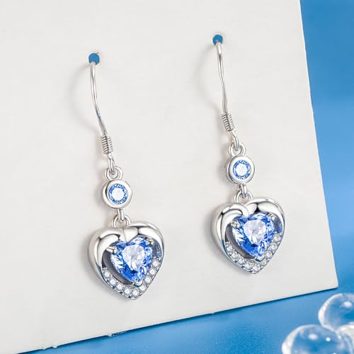 925 Sterling Silver Dangle Earrings with Charms Heart, Water drop, Moon, Star Long Drop Earring for Women Jewelry Gifts Hypoallergenic - color: heart zircon-blue