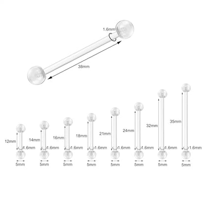 14G Clear Bioflex Flexible Acrylic Straight Bar Piercing | Tongue Rings Barbells Nipple Ring Retainer, For Work, Pregnancy, MRI, Surgery, 12MM-38MM - color: 12-21mm*2 PCS